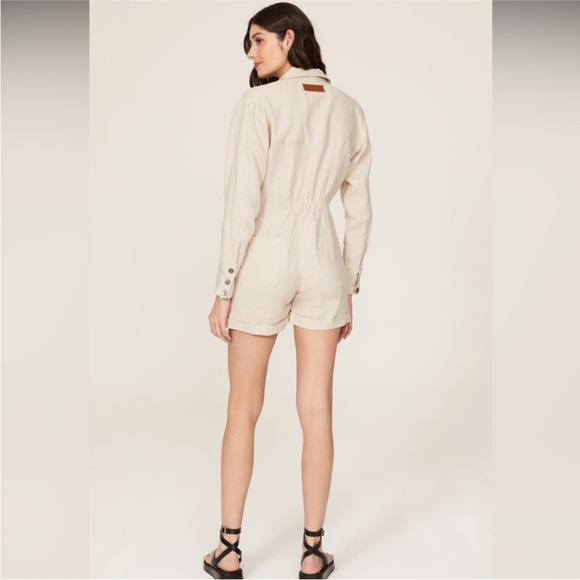 Rivet Utility Linen Romper/Oatmeal Line Beige/long sleeve/ Pocket Front - Picture 5 of 14